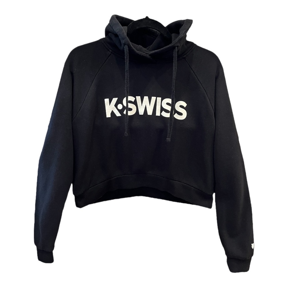 K-Swiss, Girls Pullover, Crop Hoodie. Black and White Logo Sweatshirt.